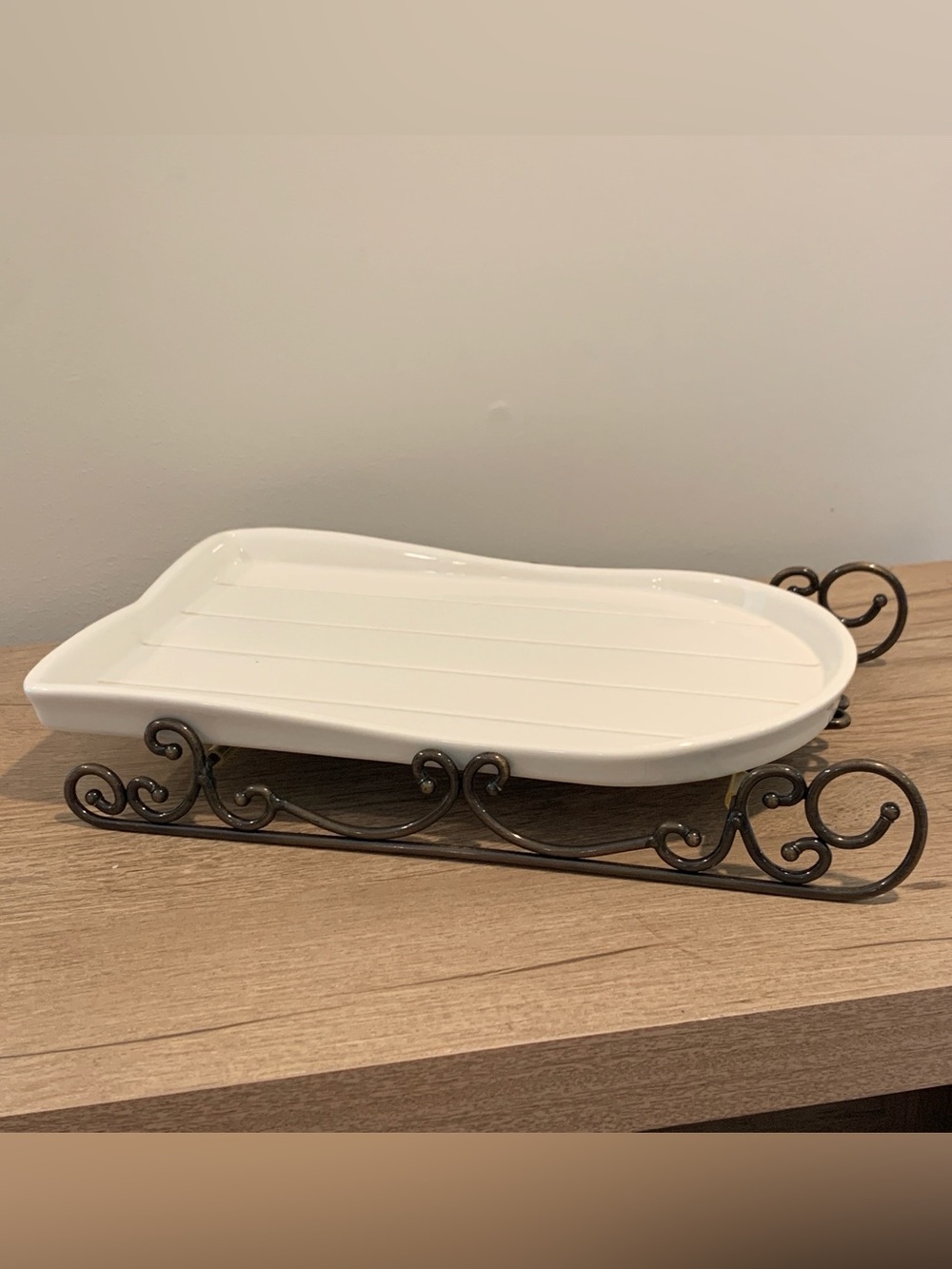 Vintage Princess House #2380 Ceramic Sled Platter w/ Metal Stand Christmas Tray